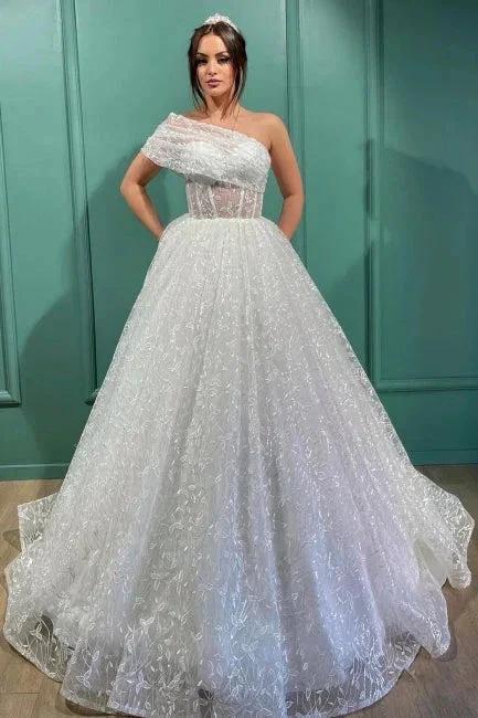 Dignified Transparent Lace One Shoulder Long Ball Gown Wedding Dresses (ZD14685)