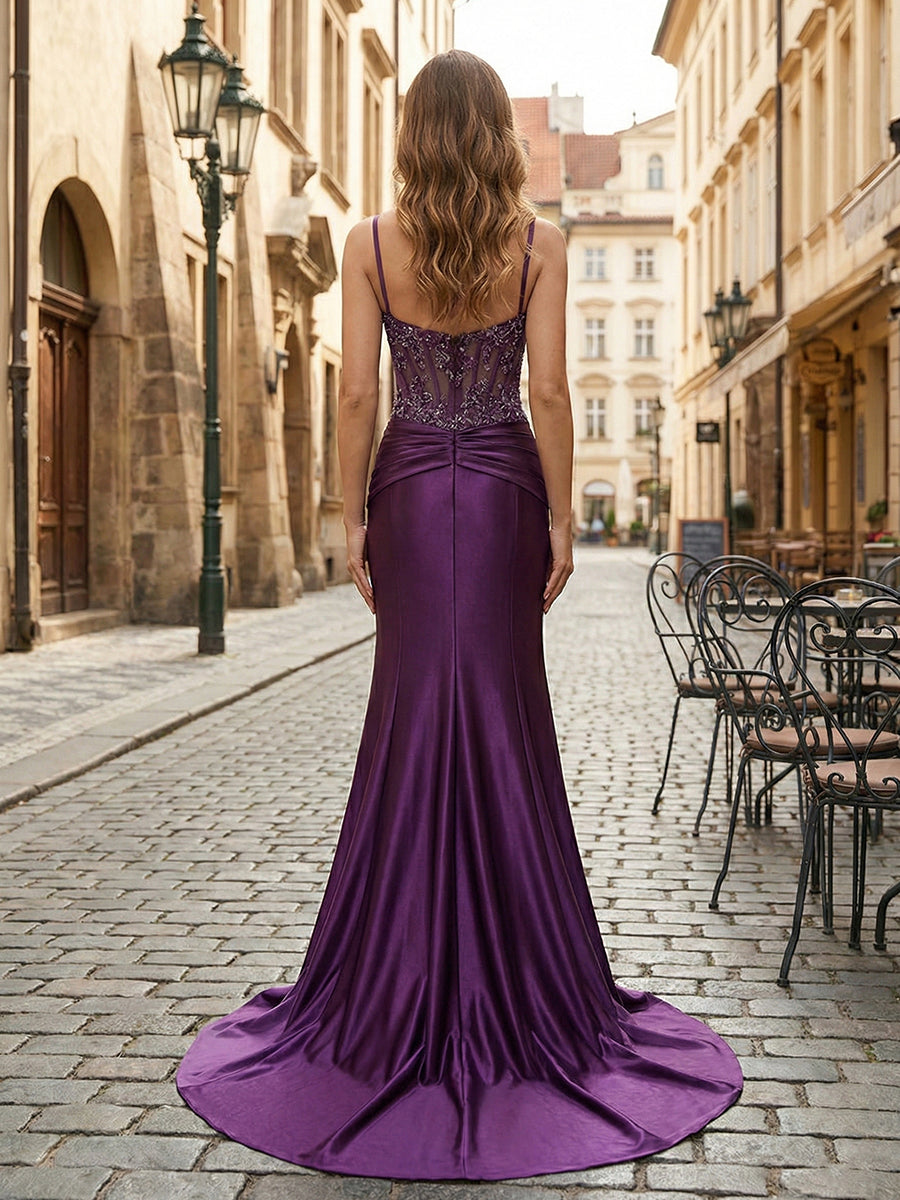 Mermaid Spaghetti Straps Satin Long Corset Appliqued Prom Dress