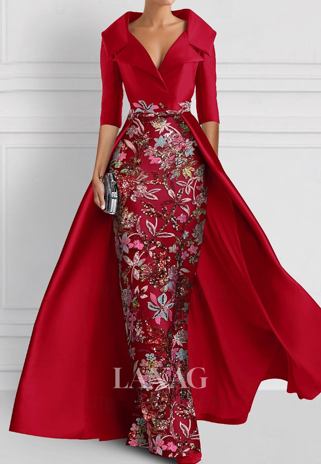 V-Neck Half-Sleeves Pleated Party Gowns Applique Embroidered Mermaid Wedding Guest Dress with Overskirt