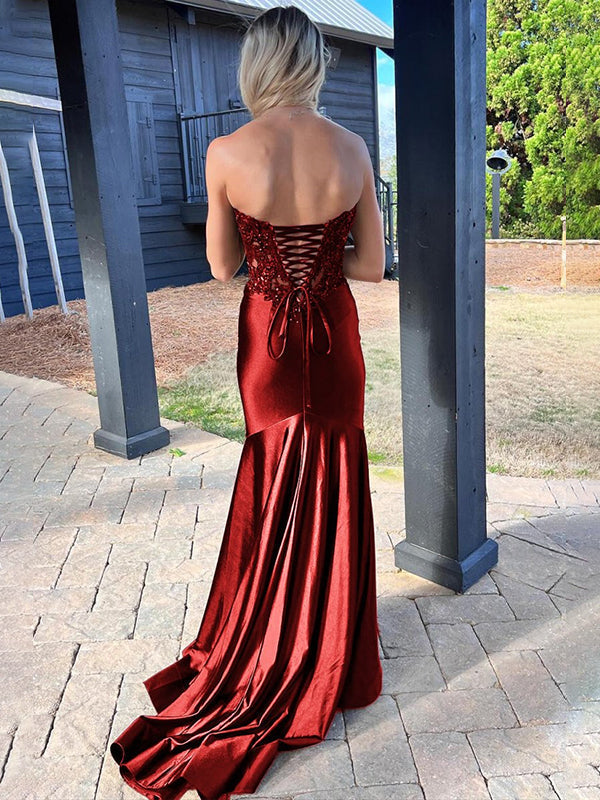Navy Mermaid Sweetheart Lace Satin Long Prom Dress with Slit