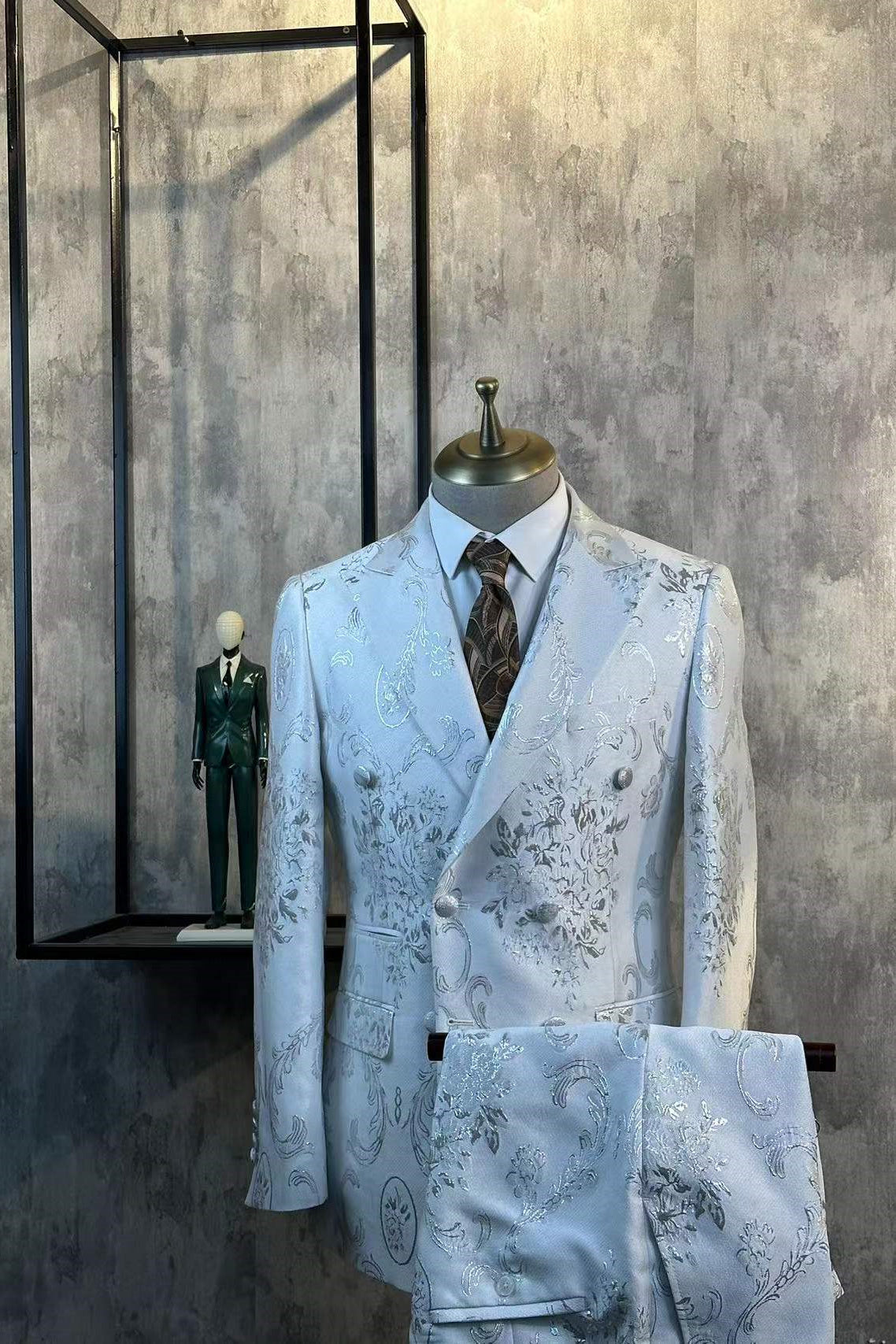 Double-Breasted Double-Slit Embossed Jacquard Casual Suit