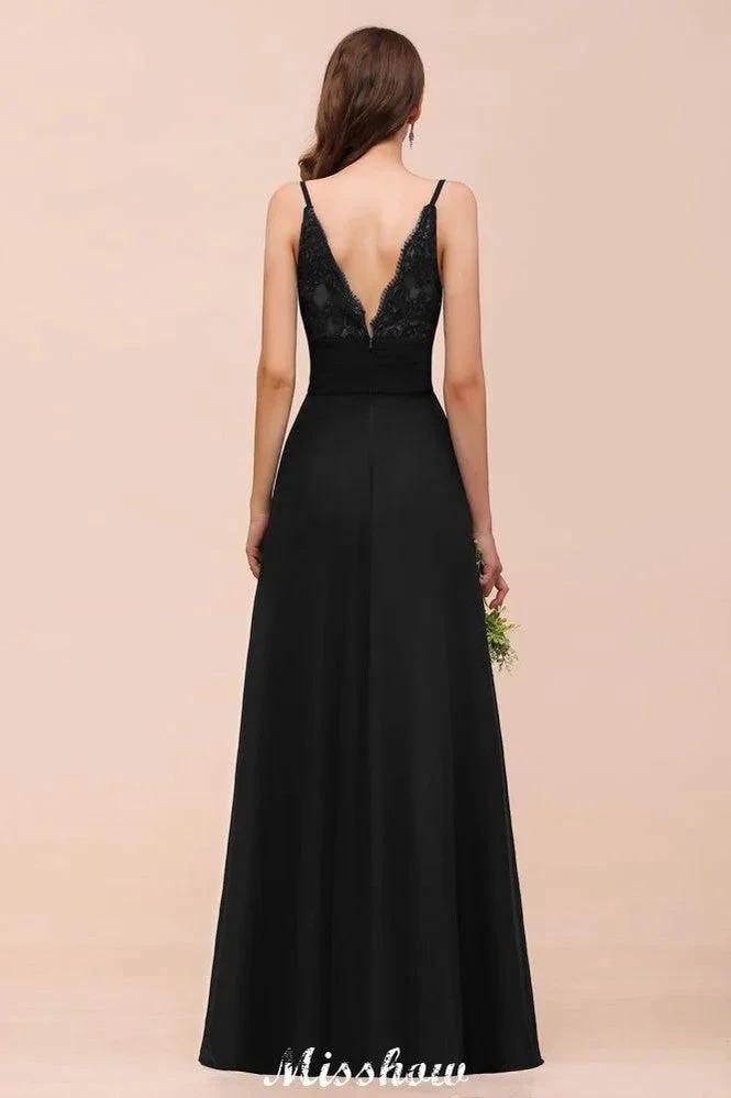 Double V-Neck Front Split Bridesmaid Dress Formal Party Dress for Wedding Black (ZD12945)