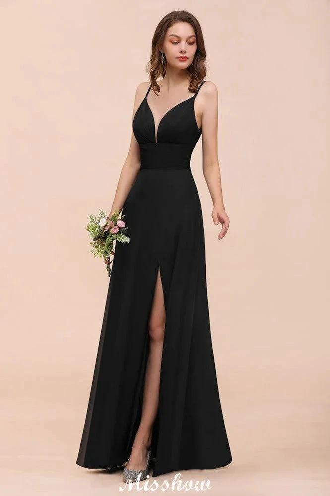 Double V-Neck Front Split Bridesmaid Dress Formal Party Dress for Wedding Black (ZD12945)