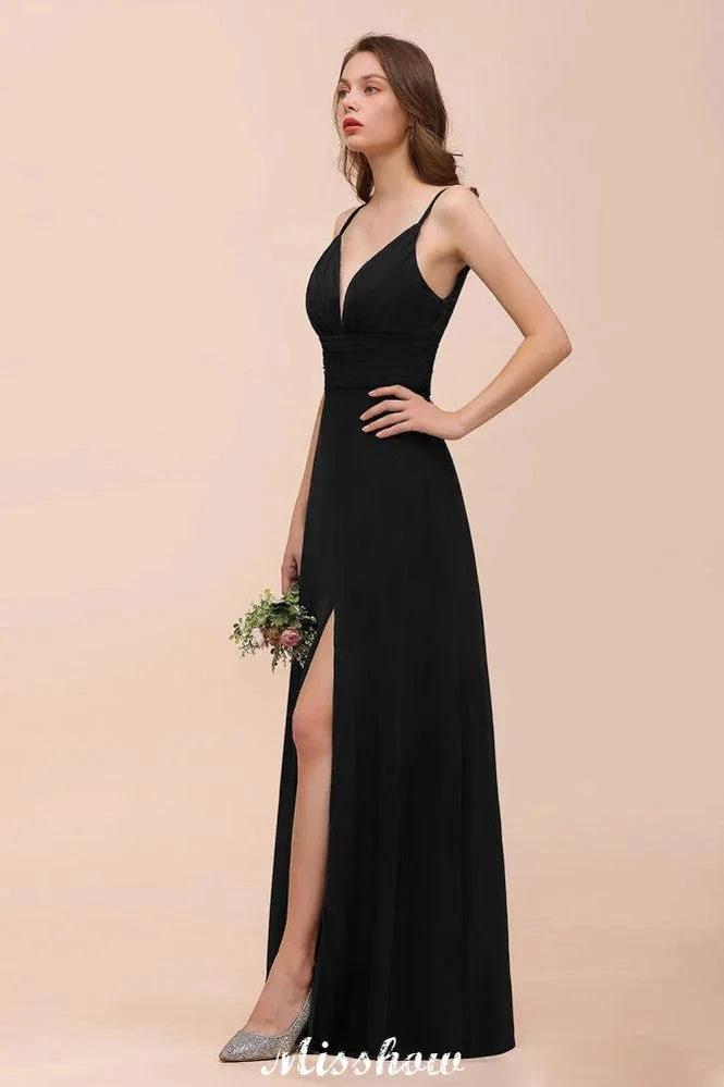 Double V-Neck Front Split Bridesmaid Dress Formal Party Dress for Wedding Black (ZD12945)