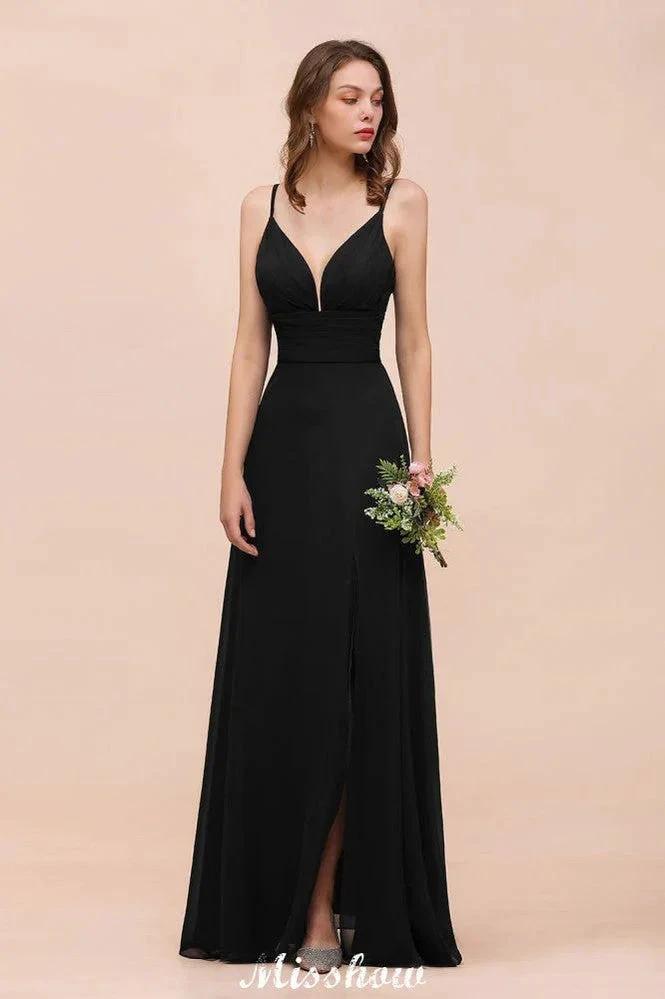 Double V-Neck Front Split Bridesmaid Dress Formal Party Dress for Wedding Black (ZD12945)