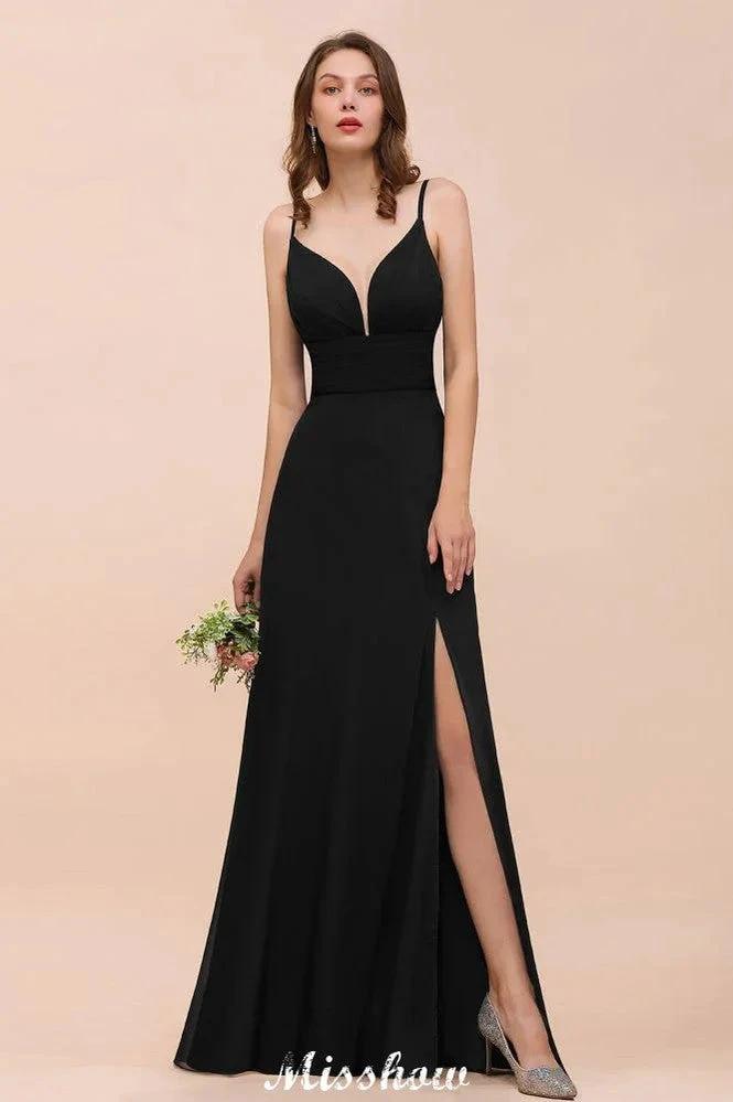 Double V-Neck Front Split Bridesmaid Dress Formal Party Dress for Wedding Black by misshow.com