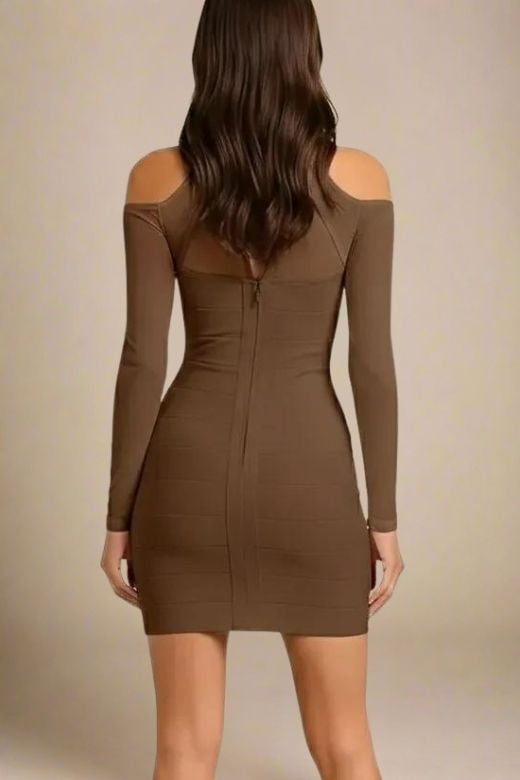 Dovie Long Sleeve Bandage Mini Dress - Coffee Brown