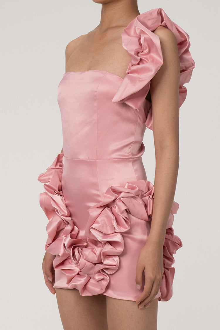 Dramatic Ruffled One Shoulder Summer Satin Bodycon Party Mini Dress - Fashionpara