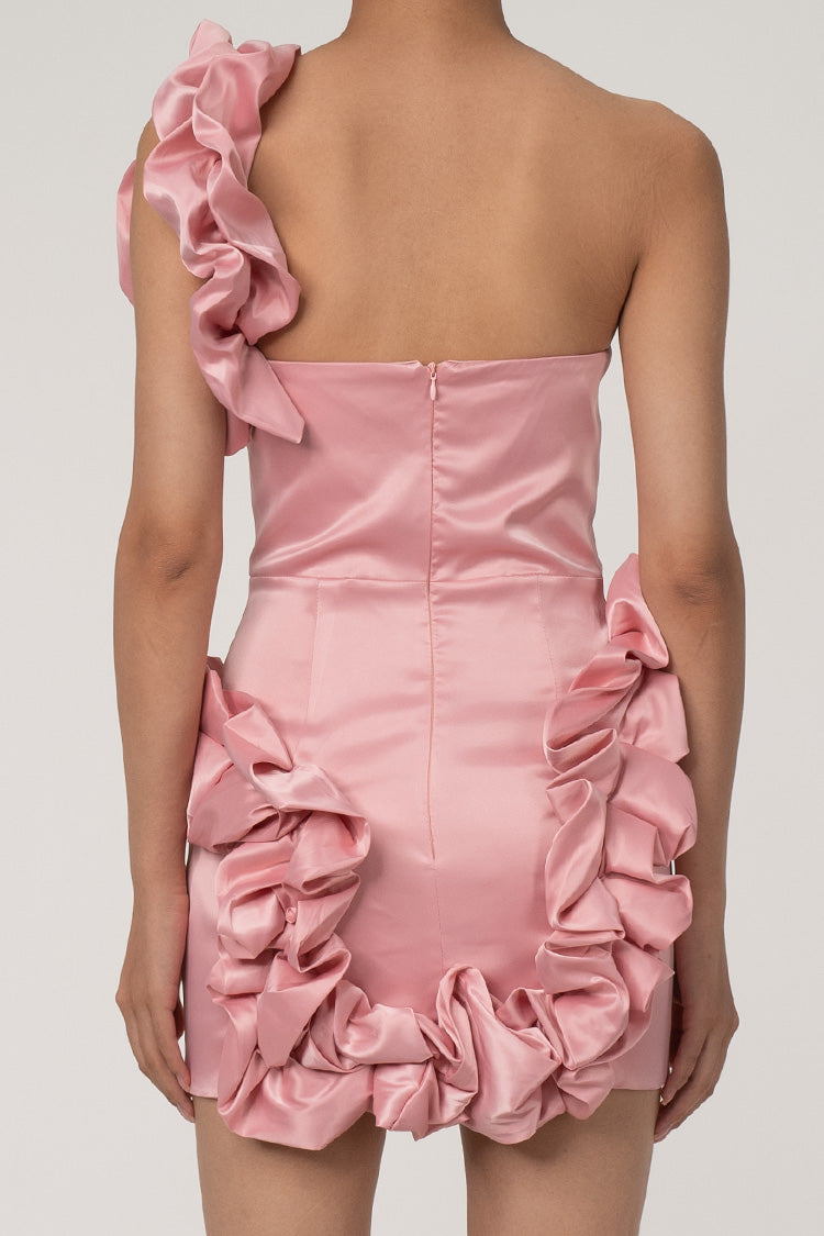 Dramatic Ruffled One Shoulder Summer Satin Bodycon Party Mini Dress - Fashionpara
