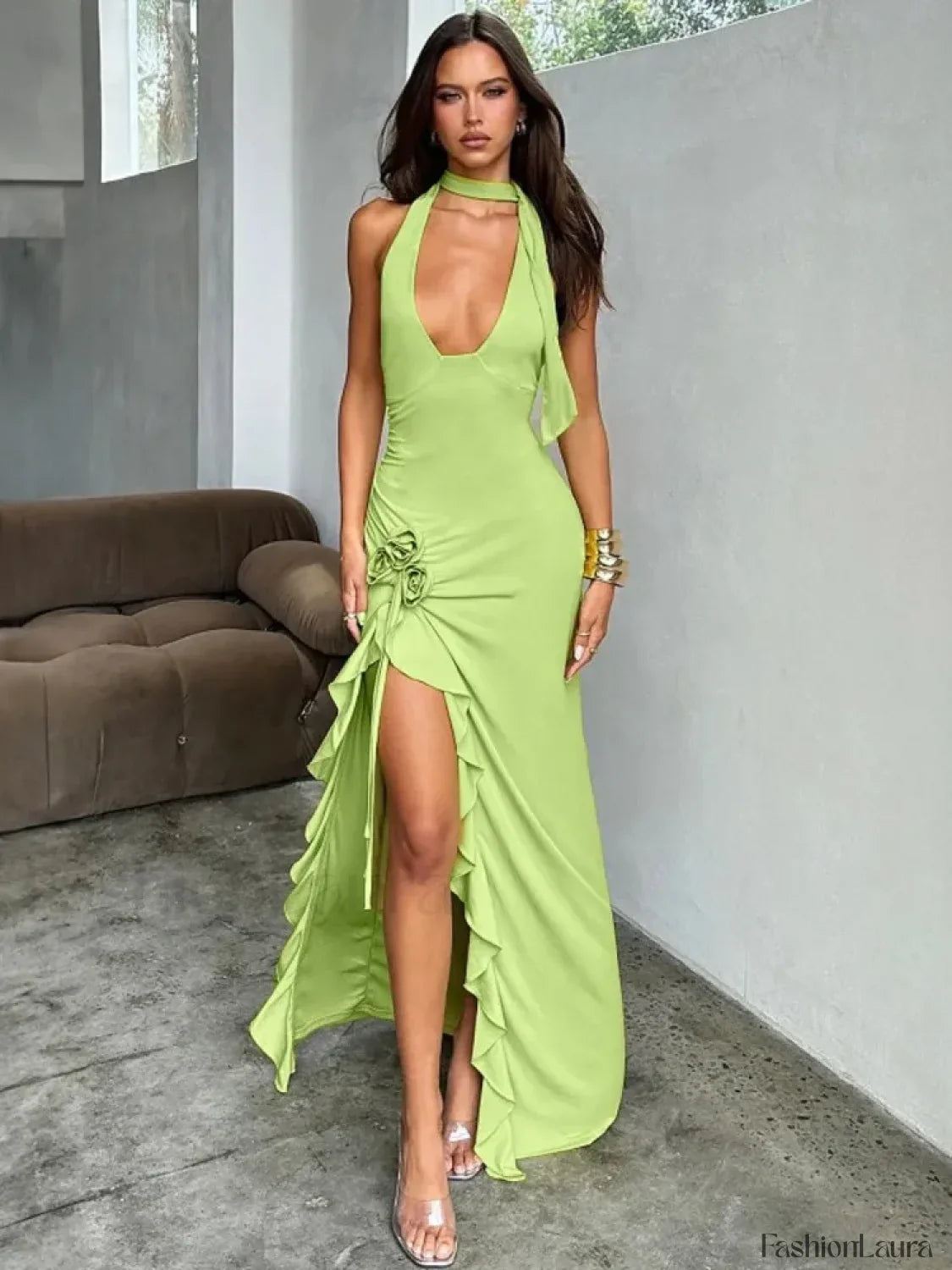 Draped Floral Split Maxi Dress