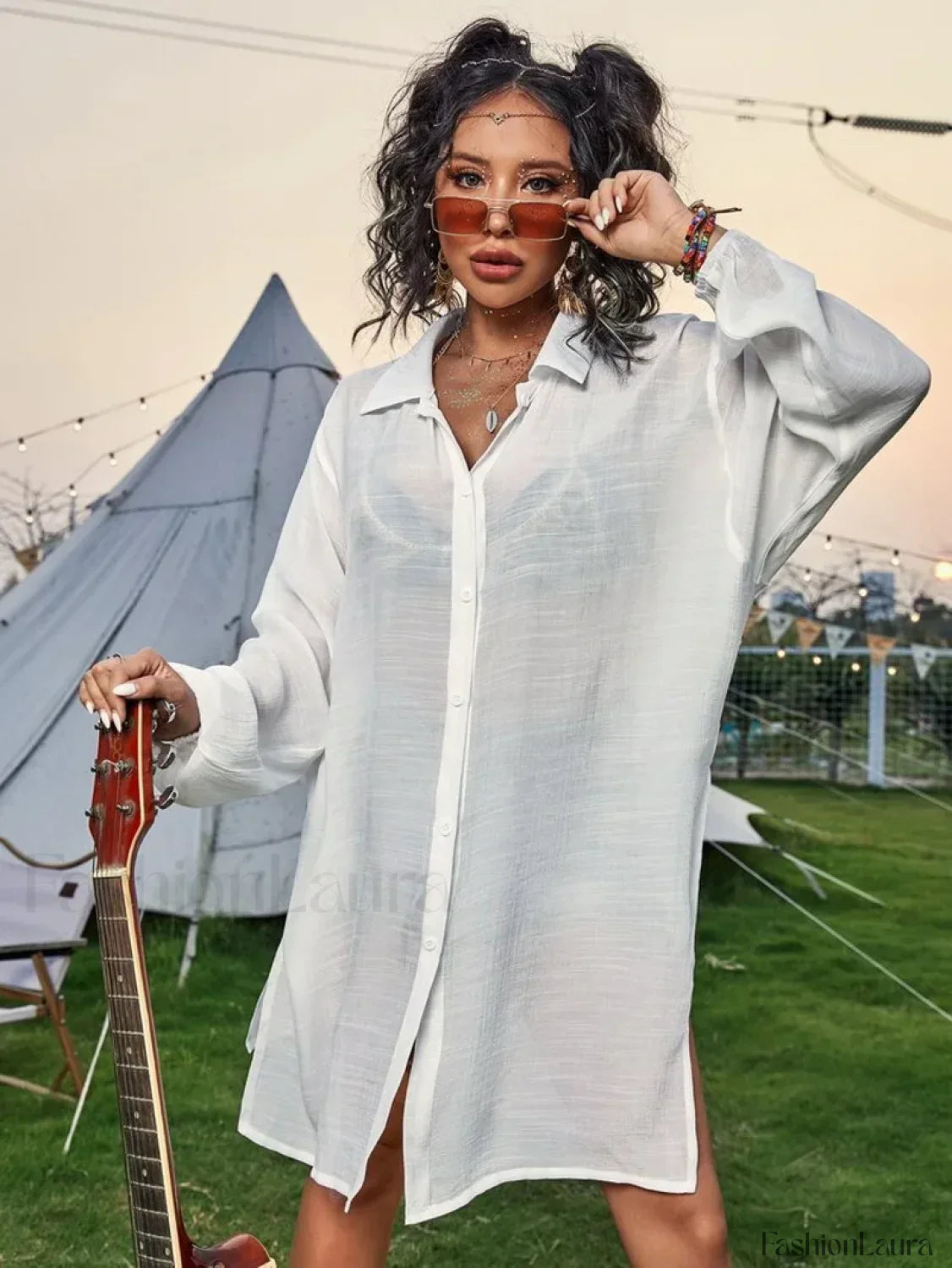 Drawstring Hollow Knit Dress Cover Up
