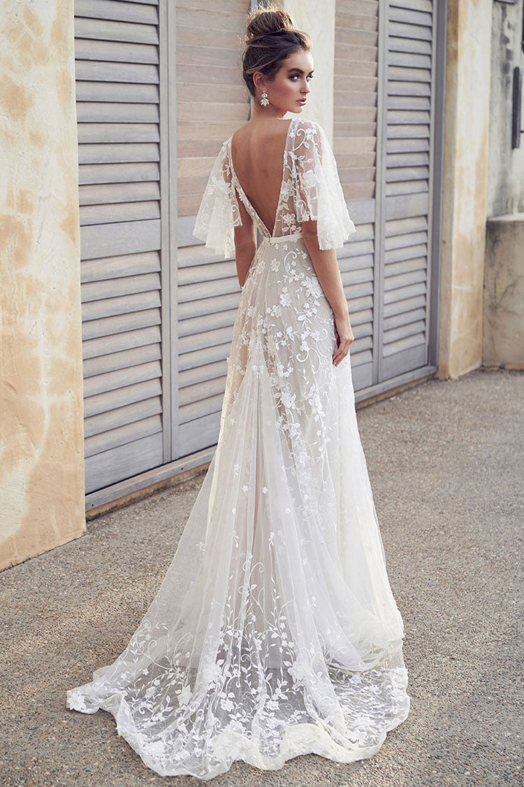 Dreamy Backless Flutter Sleeve Floral Embroidered Wedding Dress - White - Fashionpara