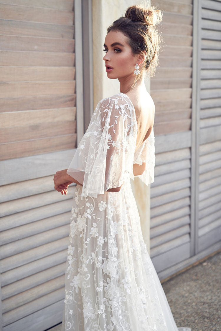Dreamy Backless Flutter Sleeve Floral Embroidered Wedding Dress - White - Fashionpara