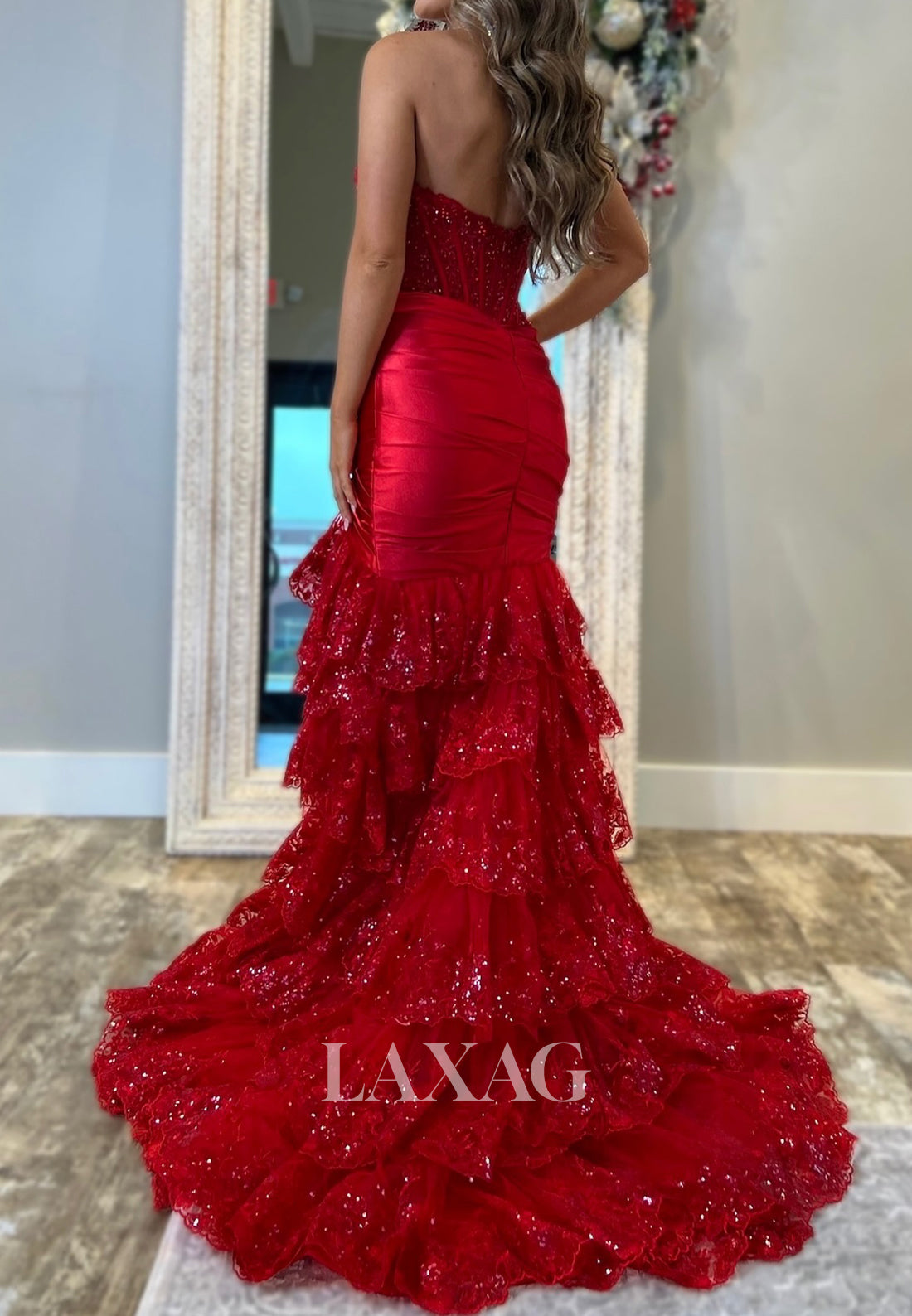 Off-Shoulder Sweetheart Sleeveless Tiered Mermaid Prom Dress Beaded Sequined Pleated Party Gowns