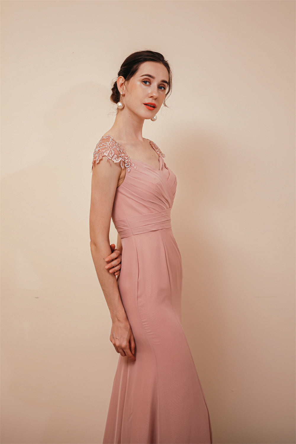 Dusty Pink Cap sleeves Chiffon Column Evening Dress