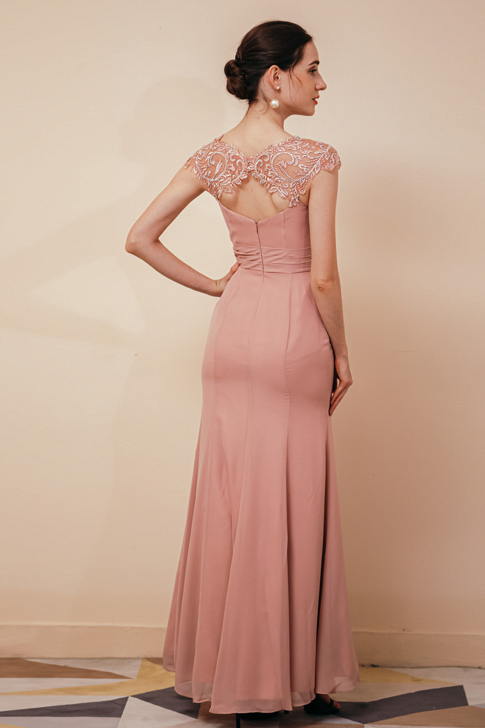 Dusty Pink Cap sleeves Chiffon Column Evening Dress