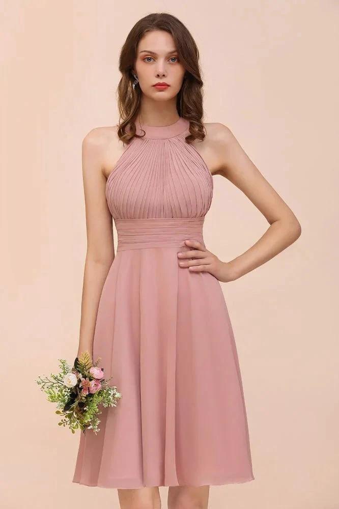 Dusty Pink Knee Length Bridesmaid Dress Halter Chiffon Maid of Honor Dress by misshow.com