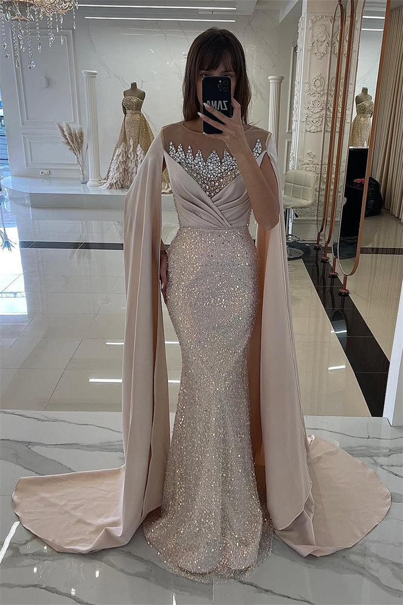 Dusty Sage Cape Mermaid Sequin Floor length Silver Beaded Evening Dresses