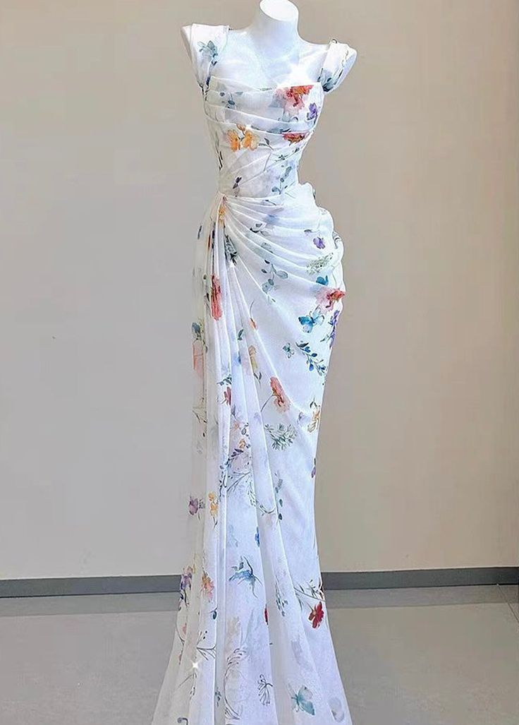 Fairy Chiffon Print Long Mermaid Pleated Evening Dress White Formal Prom Dress