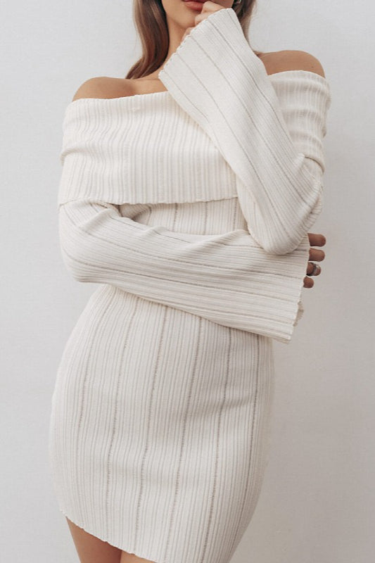 Off-Shoulder Long-Sleeve Bodycon Mini Sweater Dress - VelvetHem