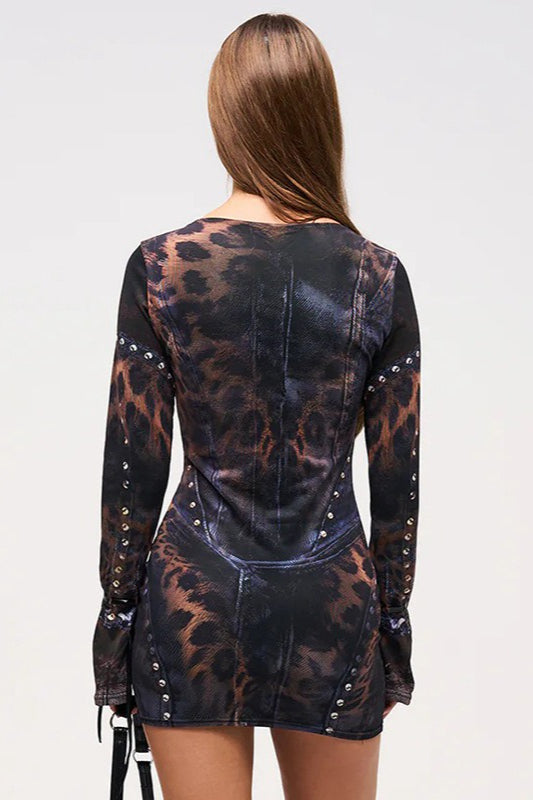Fitted Crew Neck Printed LongSleeve Bodycon Dress