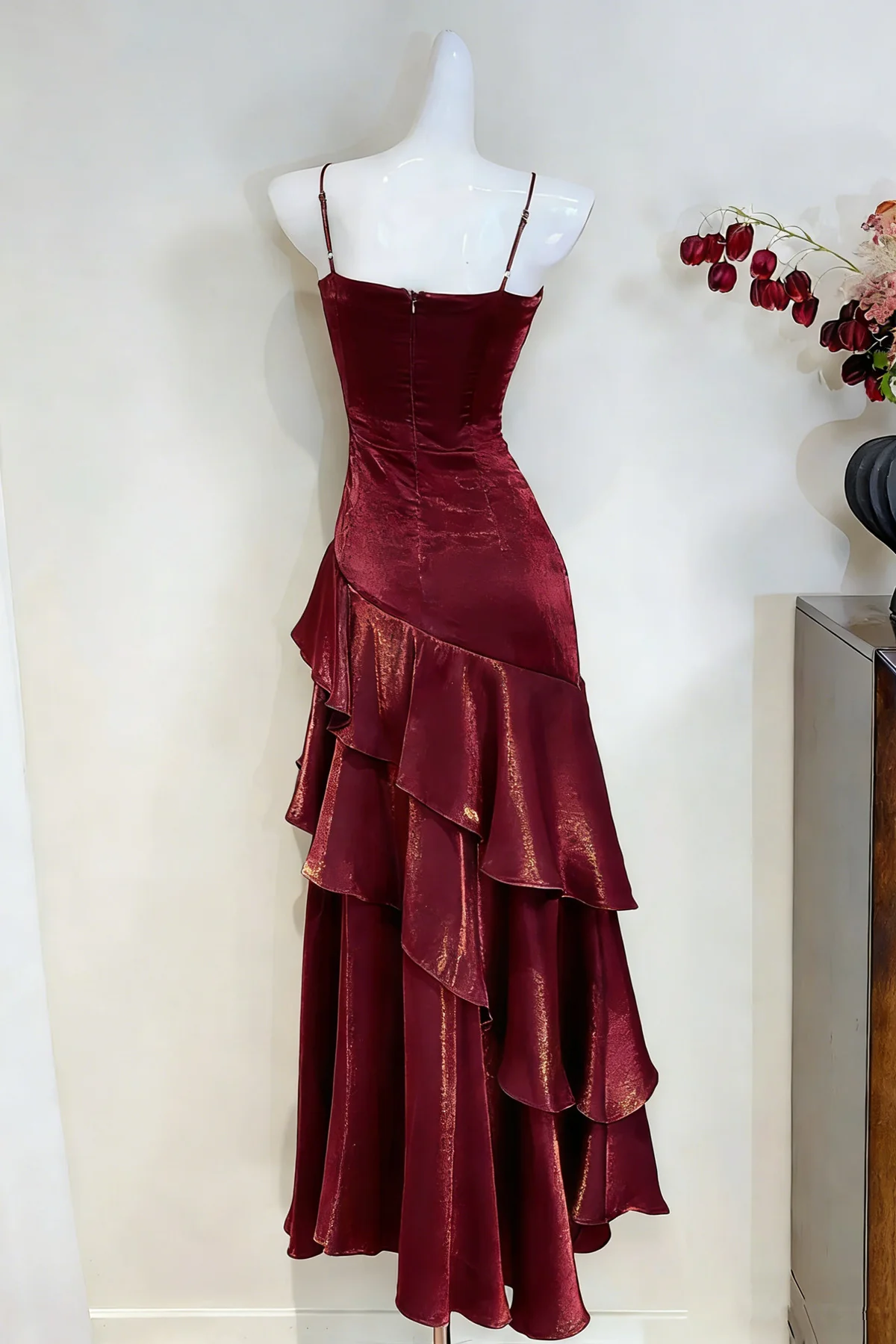 Wine Red Satin Ruched Prom Dress,Spaghetti Straps Tiered Party Dress Evening Dress - View 2 | FashionDia