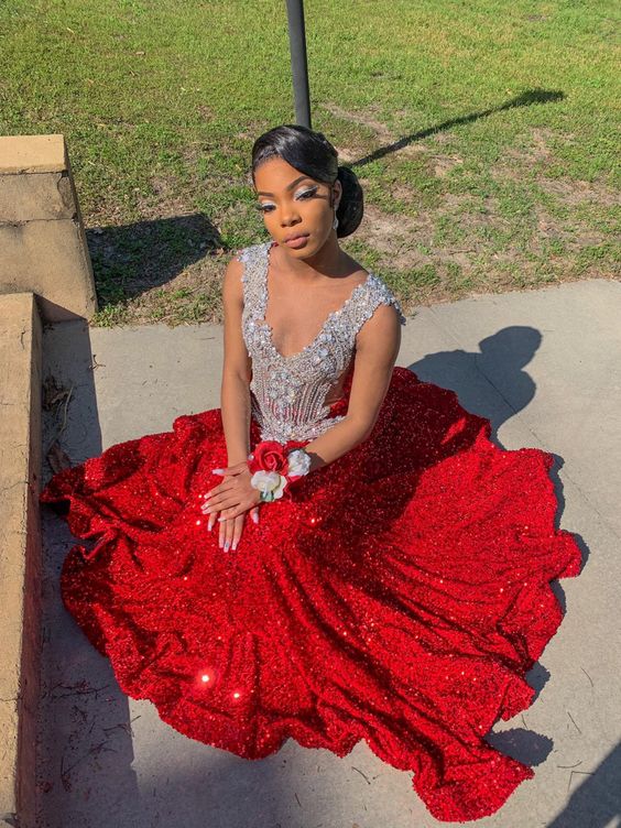 Long Sparkle Sequins Red Prom Dresses Formal Evening Gowns - VelvetHem