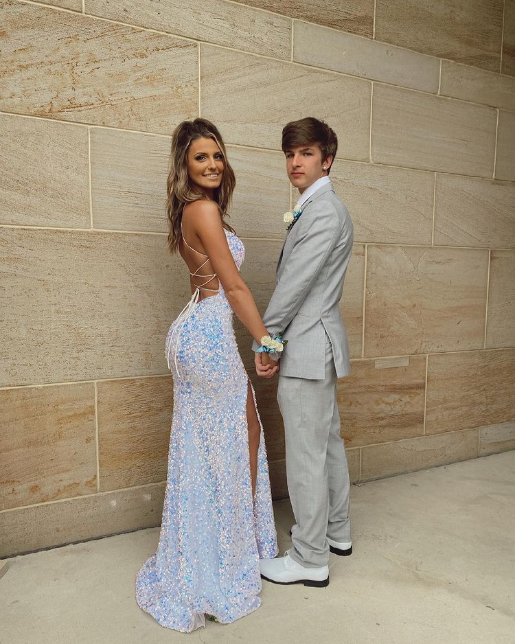 Sparkly Mermaid Scoop Neck White Sequins Long Prom Dresses with Slit