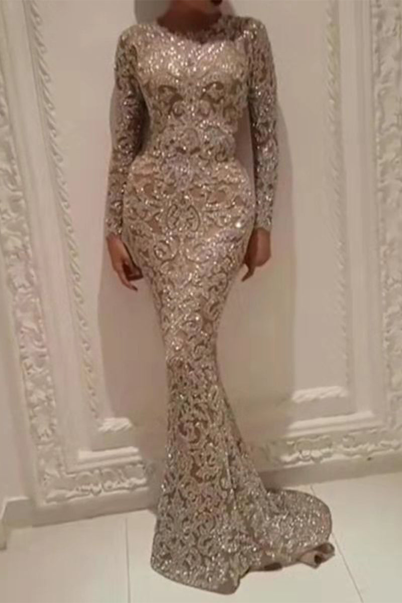 Elegant Bronzing Patchwork O Neck Evening Dress Dresses - View 3 | VelvetHem