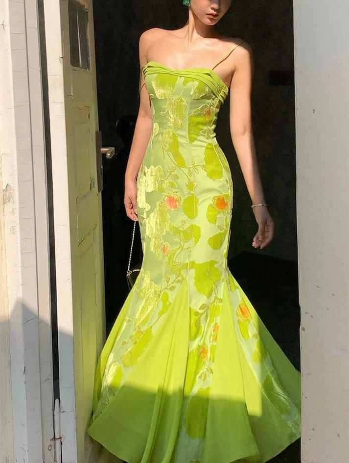 Unique Satin Print Floral Long Evening Gown Formal Mermaid Prom Dress Party Dress - FashionDia