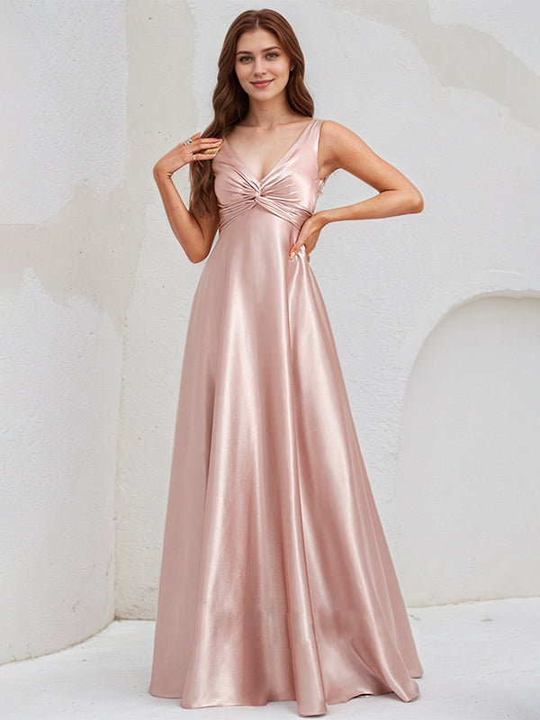 Dusty Rose Satin A-Line V-Neck Sleeveless Floor-Length Bridesmaid Dress - FashionDia