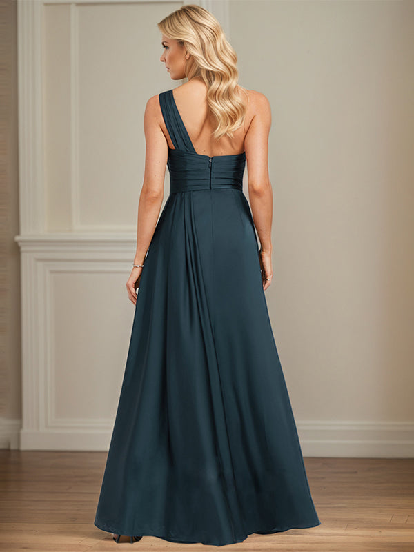 Dark Navy A-Line One-Shoulder Floor-Length Satin Bridesmaid Dress With Ruffle - View 2 | FashionDia