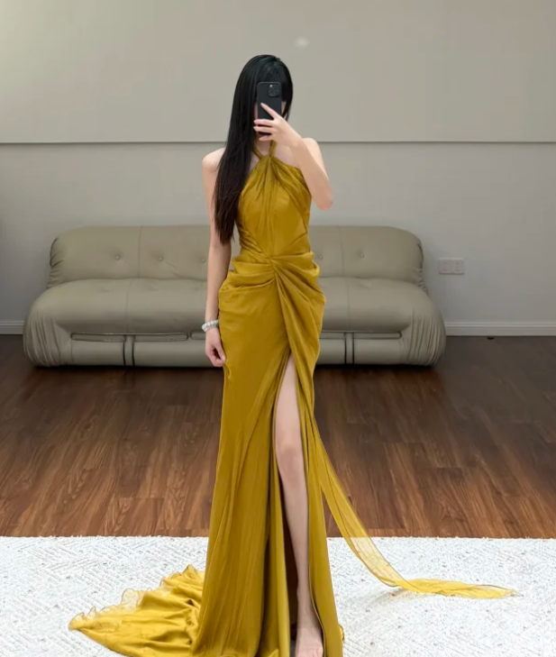 Halter Neck Yellow Prom Party Dress Evening Dress Birthday Dress