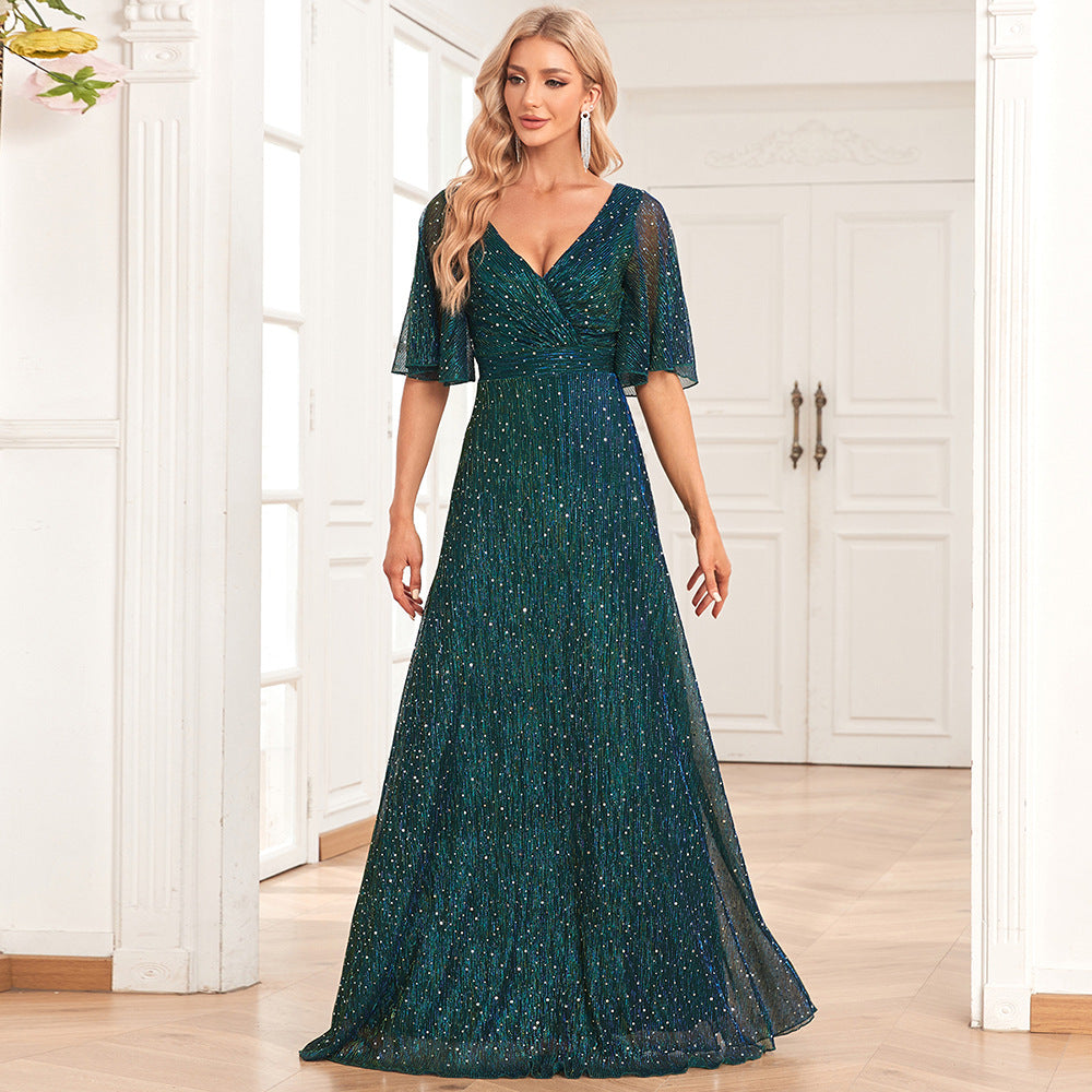 Butterfly See Through Sleeve Pairs V Neck Pleated A Large Swing Evening Dress Wedding Sequined Mop Dress - View 3 | VelvetHem