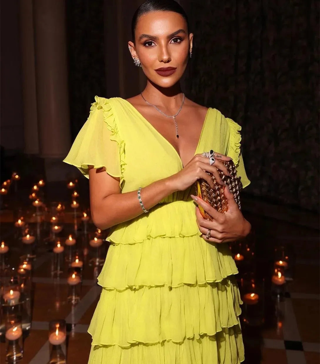 Elegant Lemon Yellow Prom Dress Chiffon Deep V-Neck Puff Sleeves Ruffles Tiered Side Slit Floor Length Evening Dress