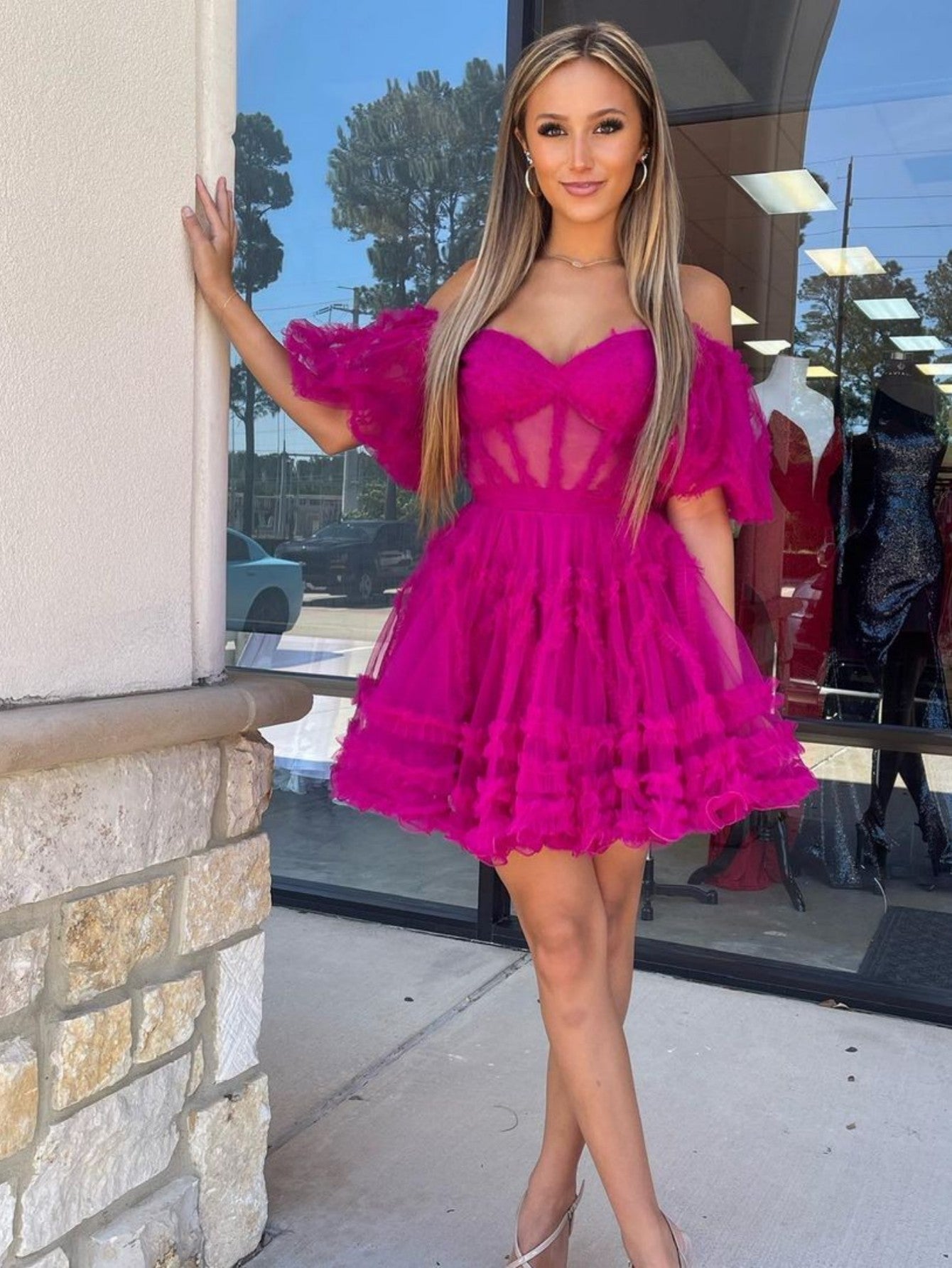 A-Line Blue V Neck Ruffles Short Homecoming Dress - Fashionpara