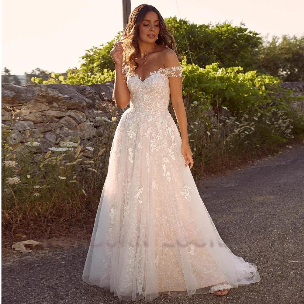 Romantic Wedding Dresses For Women A-Line Court Train Off Shoulder 2023 Cathedral Dropping Shipping Vestido De Casamento (ZD13366)