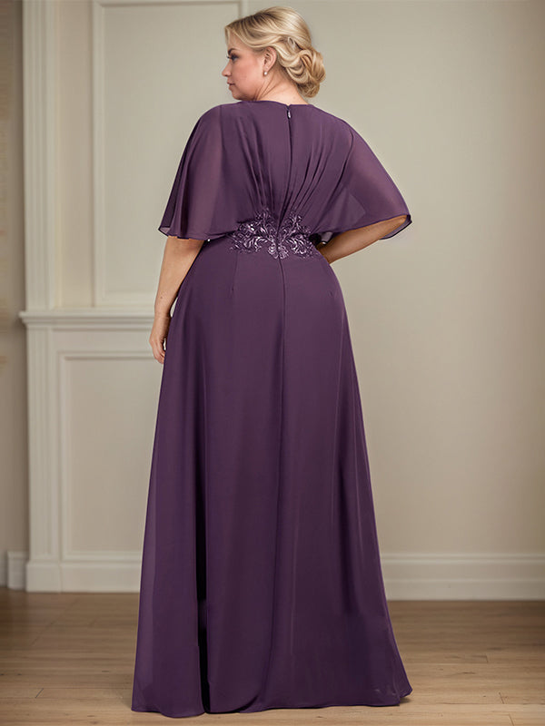 A-Line V-Neck Floor-Length Chiffon Mother of the Bride Dress With Appliques Pleated - View 11 | FashionDia