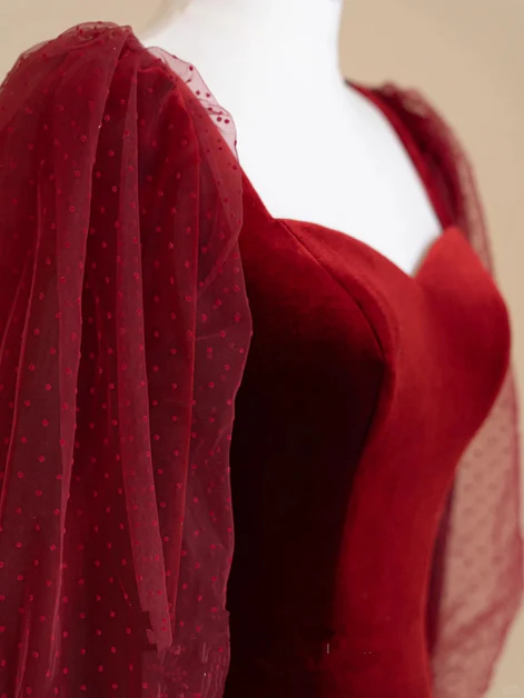 Elegant Burgundy Velvet Long Prom Dress, Puffy Sleeves Wedding Party Dress - View 3 | FashionDia