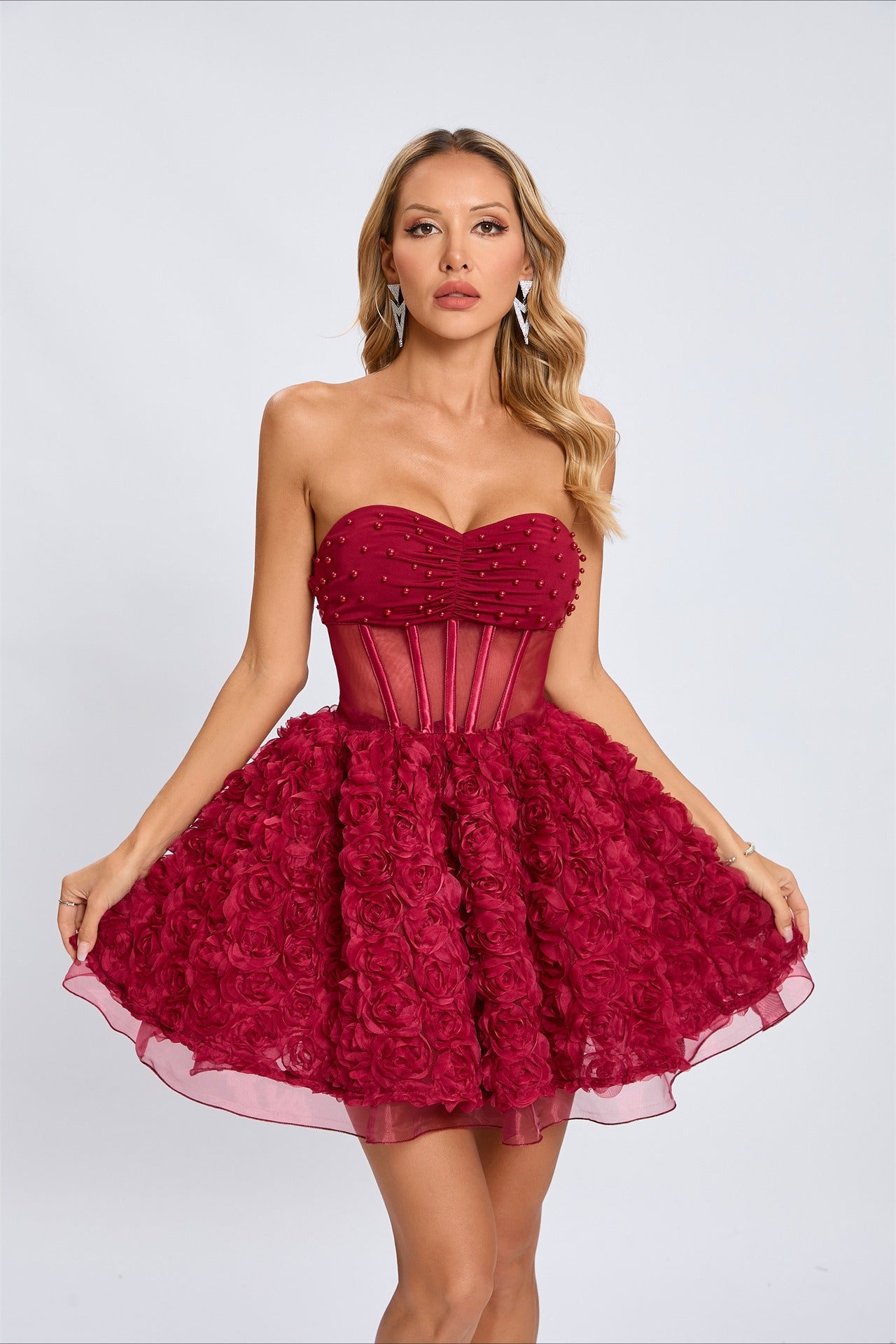 Beaded Strapless Puff Dress with Relaxed Fit and Seasonal Wardrobe Essential