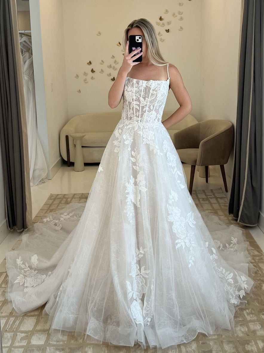 A-Line Square Neck Spaghetti Straps Lace Tulle Long Train Wedding Dress - VelvetHem