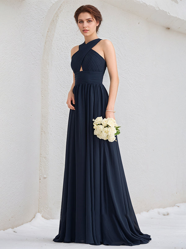 Dark Navy A-Line V-Neck Floor Length Chiffon Bridesmaid Dress With Ruffle
