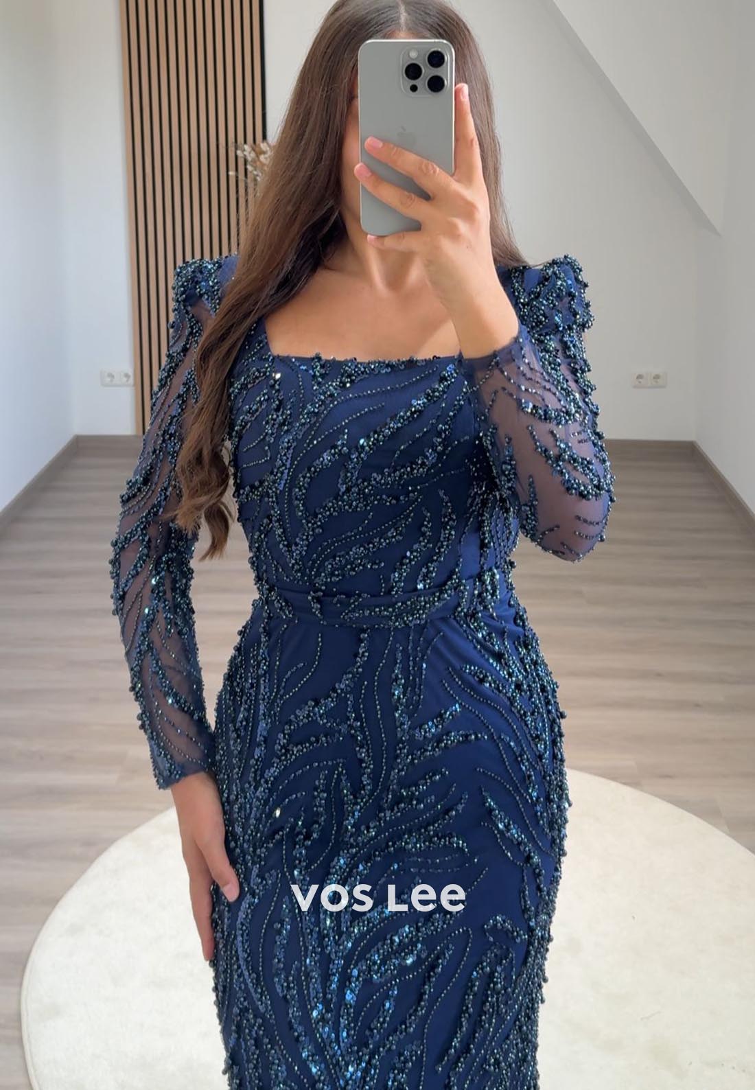 Tea-Length Square Beading Long Sleeve Formal Dresses