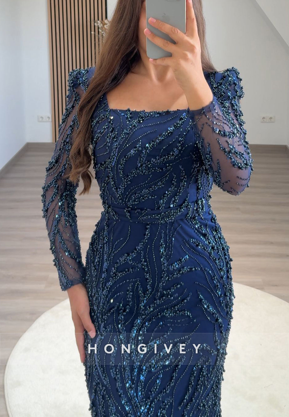 Tea-Length Square Beading Long Sleeve Formal Dresses