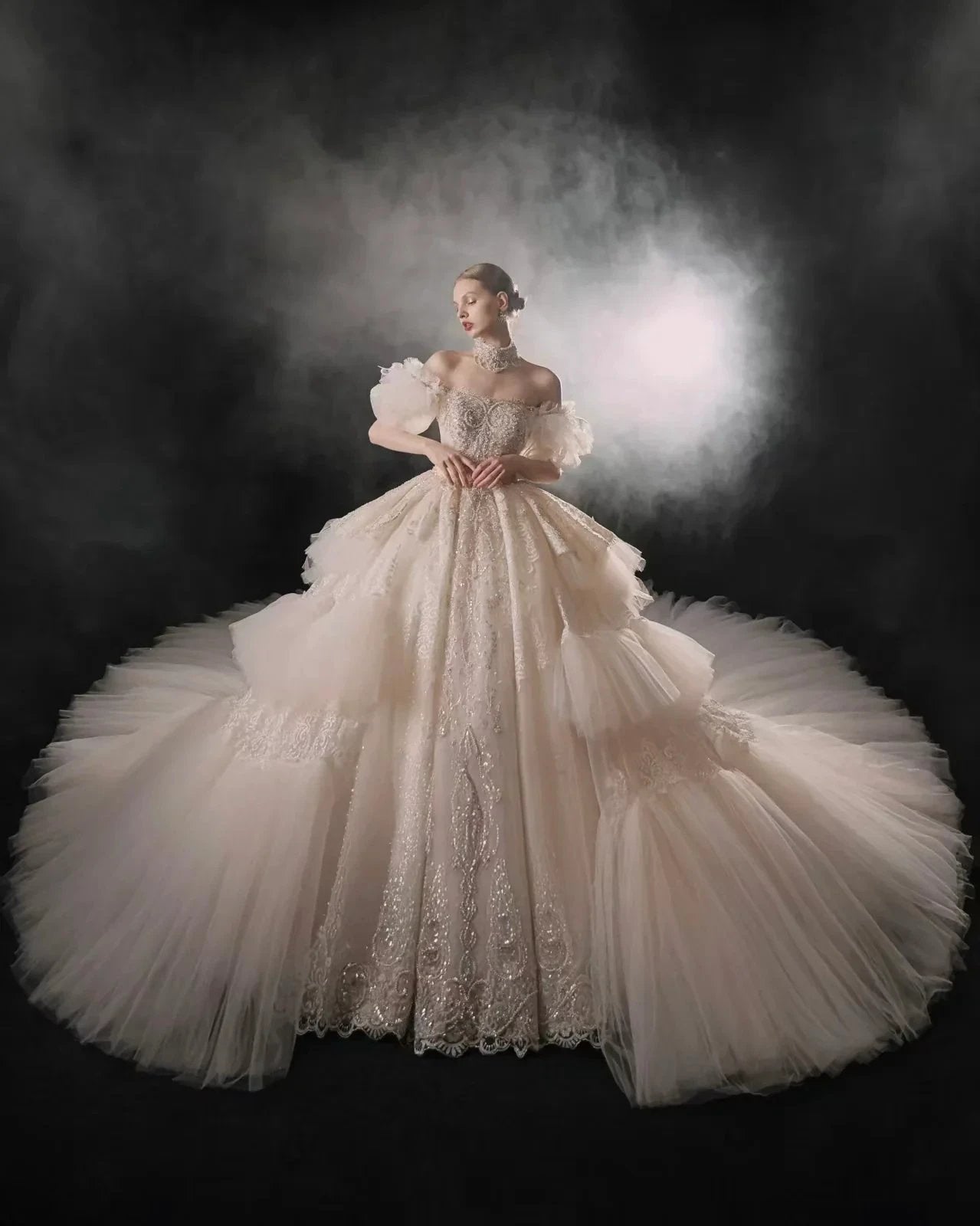 Opulent Off-the-Shoulder Ball Gown Tulle Puff Sleeve Beaded Lace Wedding Dress with Layered Ruffled Train & Choker (ZD16899) - View 6 | VelvetHem