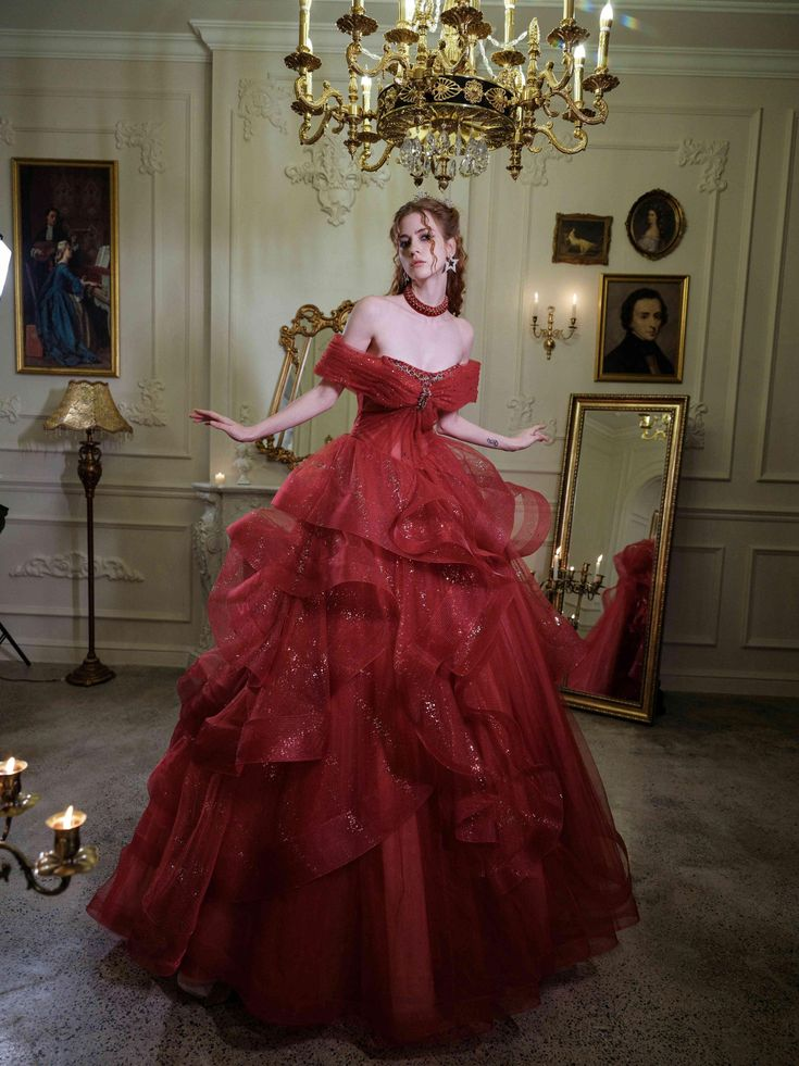 Glitter Off-Shoulder Evening Gown, Red Tulle Beaded Ball Gown Fairy Quinceanera Dress - View 4 | FashionDia