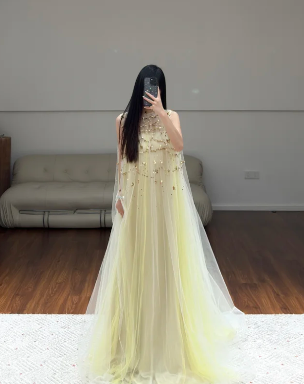 Yellow Tulle Prom Party Dress Sequin Evening Dress Party Dress