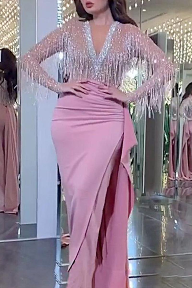 Sexy Elegant Bronzing Tassel V Neck Evening Dress Dresses - VelvetHem