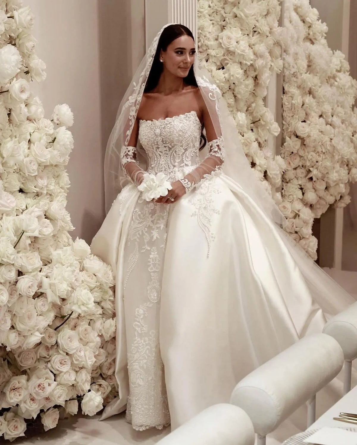 Arabic Lace Saudi Ball Gown Wedding Dress For Bride Strapless Pearls Satin Wedding Dresses Ruffle Dubai R Bridal Gowns Plus Size (ZD17412) - VelvetHem