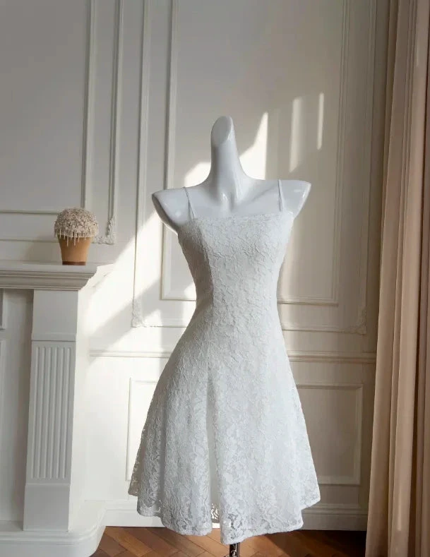 Classy White Spaghetti Straps Lace A Line Homecoming Dress Mini Party Dress Y8584 by simplepromdress